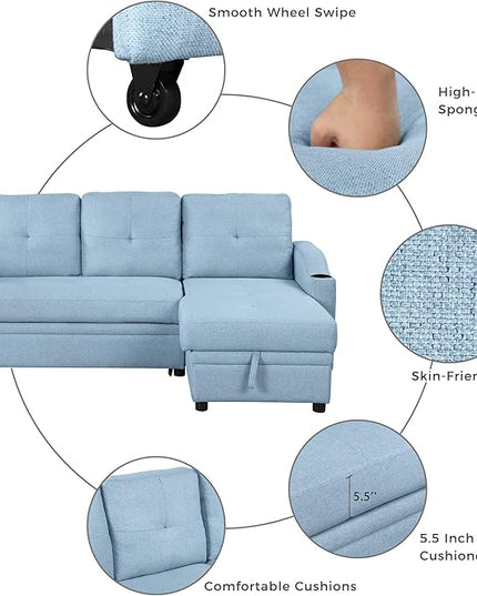 80.3'' L-Shape Convertible Sleeper Sectional Sofa with Storage Chaise and Pull-Out Bed, Linen Upholstered Reversible Corner Couch w/Tufted Cushions &Cup Holder, for Living Room, Apartment - LeafyLoom