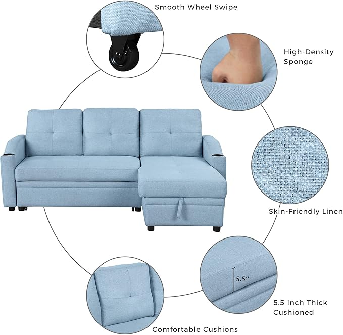 80.3'' L-Shape Convertible Sleeper Sectional Sofa with Storage Chaise and Pull-Out Bed, Linen Upholstered Reversible Corner Couch w/Tufted Cushions &Cup Holder, for Living Room, Apartment - LeafyLoom