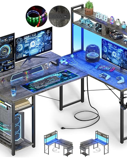 Small L Shaped Gaming Desk with Power Outlets, 48" Reversible L Shaped LED Computer Desk with Monitor Stand & Storage Shelf, Corner Gamer Desk Home Office Desk with Storage Bag, Black Oak - LeafyLoom