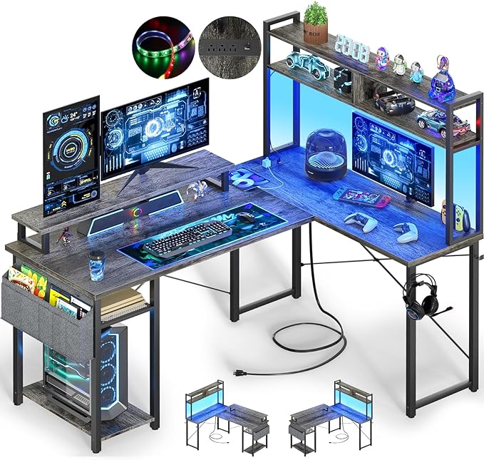 Small L Shaped Gaming Desk with Power Outlets, 48" Reversible L Shaped LED Computer Desk with Monitor Stand & Storage Shelf, Corner Gamer Desk Home Office Desk with Storage Bag, Black Oak - LeafyLoom