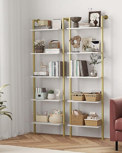 5-Tier Bookshelf Solid Wood Ladder Shelf, Narrow Book shelf Set of 2, Wooden Ladder Shelf Bookcase, Wall Mount Ladder Shelf, Storage Rack for Living Room, Bedroom, Bathroom, White and Gold - LeafyLoom