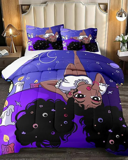 Black Girl Full Size Comforter Set for Girls, African American Girls Bedding Sets Full Girls Bedroom Decor Purple Princess Bed Set Kids Comforter Sets with 1 Comforter +2 Pillowcase - LeafyLoom