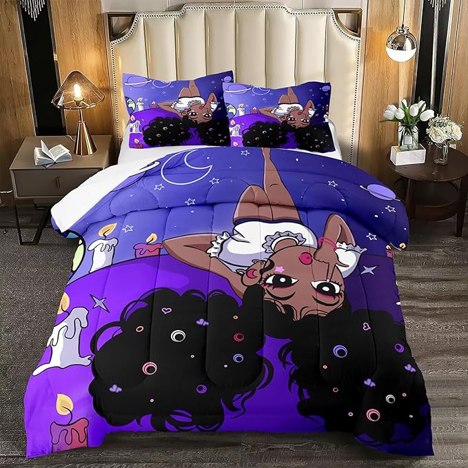 Black Girl Full Size Comforter Set for Girls, African American Girls Bedding Sets Full Girls Bedroom Decor Purple Princess Bed Set Kids Comforter Sets with 1 Comforter +2 Pillowcase - LeafyLoom