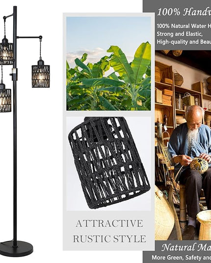 Rattan Floor Lamp, 3-Lights Boho Floor Lamp with Stepless Dimmer, 65" Farmhouse Rustic Floor Lamps for Living Room, Tall Floor Lamp with Rattan Shades, Dimmable Standing Lamp for Bedroom Black - LeafyLoom