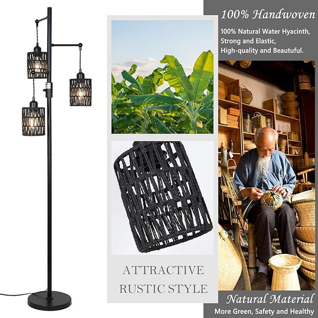 Rattan Floor Lamp, 3-Lights Boho Floor Lamp with Stepless Dimmer, 65" Farmhouse Rustic Floor Lamps for Living Room, Tall Floor Lamp with Rattan Shades, Dimmable Standing Lamp for Bedroom Black - LeafyLoom