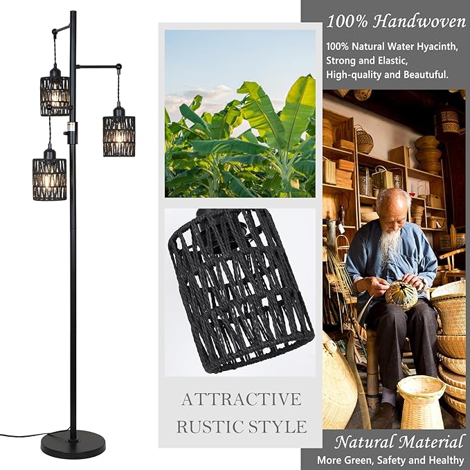 Rattan Floor Lamp, 3-Lights Boho Floor Lamp with Stepless Dimmer, 65" Farmhouse Rustic Floor Lamps for Living Room, Tall Floor Lamp with Rattan Shades, Dimmable Standing Lamp for Bedroom Black - LeafyLoom