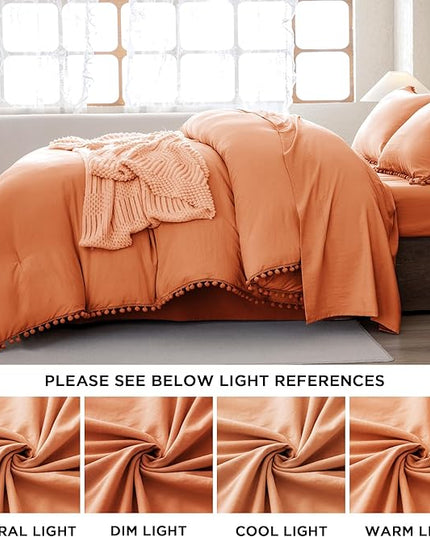 Litanika Comforter Full Size Set Coral,3 Pieces Coral Boho Pom Pom Lightweight Bed Comforter Full,All Season Soft Solid Color Bedding Comforter Sets (1 Comforter 79x90 Inch, 2 Pillowcases) - LeafyLoom