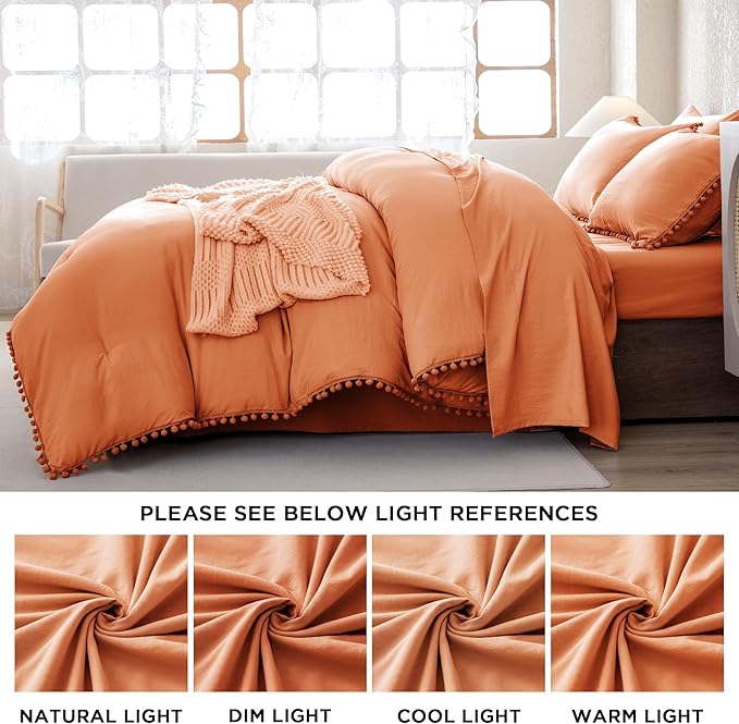 Litanika Queen Size Comforter Set Coral,3 Pieces Coral Boho Pom Pom Lightweight Bed Comforter, All Season Soft Solid Color Bedding Comforter Sets (1 Comforter 90x90 Inch, 2 Pillowcases) - LeafyLoom
