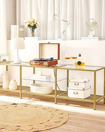HOOBRO TV Stand with LED Lights and Power Outlets for TVs up to 75", Modern 70.9 Inch Tempered Glass TV Console Table with Open Shelves, Media Entertainment Center for Living Room, Gold GD185UDS01 - LeafyLoom