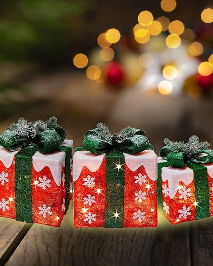 [Ultra-Large 16"x14"x11.5" Christmas Set of 3 Lighted Gift Boxes Decorations Pre-lit 91 Super-Bright LED with Flashers,for Indoor Outdoor Pathway Holiday Party Home(Warm White) GLOWNOVA