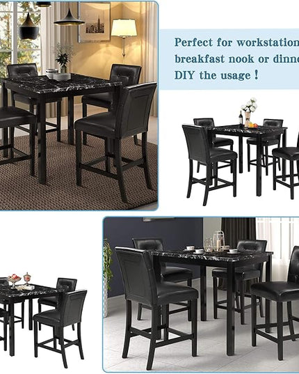 Farmhouse Style 4 PU Leather-Upholstered Chairs, Faux Marble Top Counter Height Rectangular Room, Kitchen, Small Place, 5 Piece Dining Table Set, Black 26 - LeafyLoom