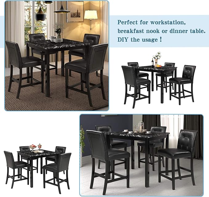 Farmhouse Style 4 PU Leather-Upholstered Chairs, Faux Marble Top Counter Height Rectangular Room, Kitchen, Small Place, 5 Piece Dining Table Set, Black 26 - LeafyLoom