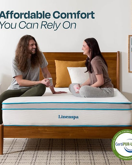 Linenspa 12 Inch Memory Foam and Spring Hybrid Mattress - Medium Plush Feel - Bed in a Box - Pressure Relief and Adaptive Support - Breathable - Cooling - Primary Bedroom - Full Size - LeafyLoom