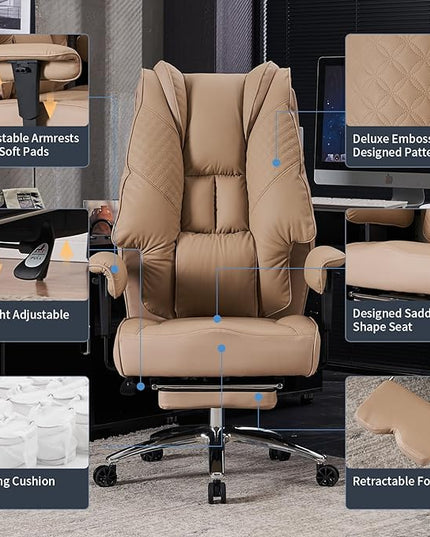 Big and Tall Office Chair 400lbs Wide Seat, Leather High Back Executive Office Chair with Foot Rest, Ergonomic Office Chair Lumbar Support for Lower Back Pain Relief (Brown) - LeafyLoom