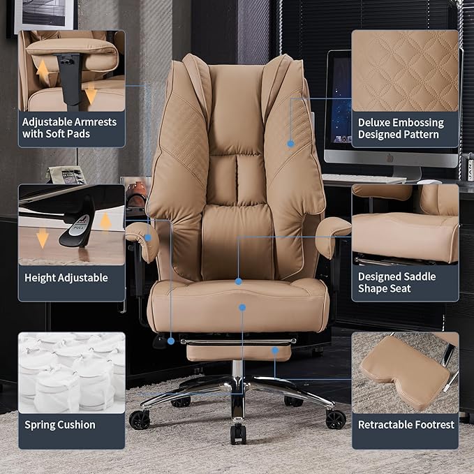 Big and Tall Office Chair 400lbs Wide Seat, Leather High Back Executive Office Chair with Foot Rest, Ergonomic Office Chair Lumbar Support for Lower Back Pain Relief (Brown) - LeafyLoom