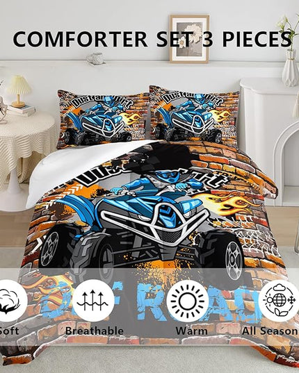 Axolotl Quad Bike Bedding Set Twin,Dirt Bike Comforter Set,Extreme Sports Bedding Set,Sports Theme Comforter Set,Tractor Truck Bedding,Motorcycle Comforter for Kids Boys Teens,1 Quilt 2 Pillowcases - LeafyLoom
