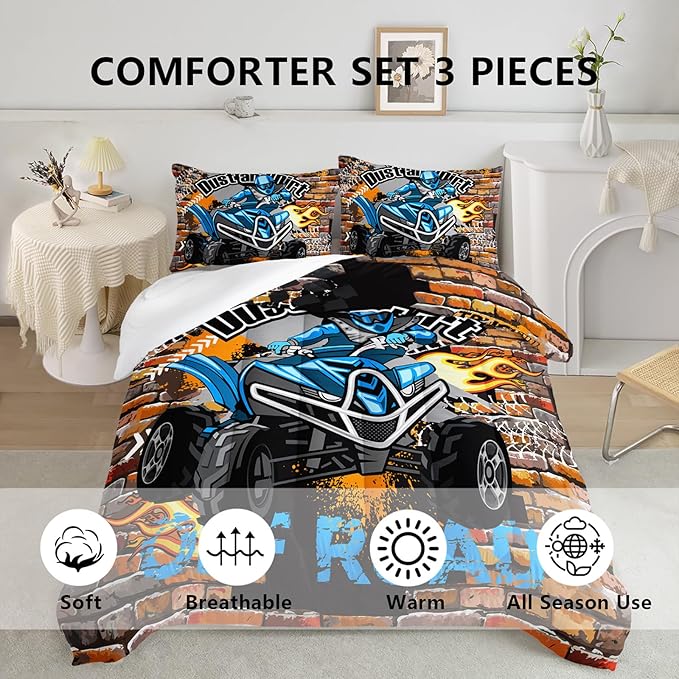 Axolotl Quad Bike Bedding Set Twin,Dirt Bike Comforter Set,Extreme Sports Bedding Set,Sports Theme Comforter Set,Tractor Truck Bedding,Motorcycle Comforter for Kids Boys Teens,1 Quilt 2 Pillowcases - LeafyLoom