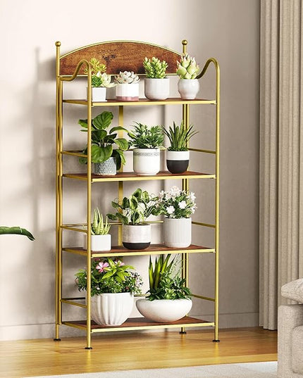 Folding Bookshelf No Assembly, 4 Shelf Gold Folding Bookcase with Sturdy Metal Frame, Vintage Open Standing Collapsible Shelves for Bedroom, Living Room, Home Office Organization - LeafyLoom