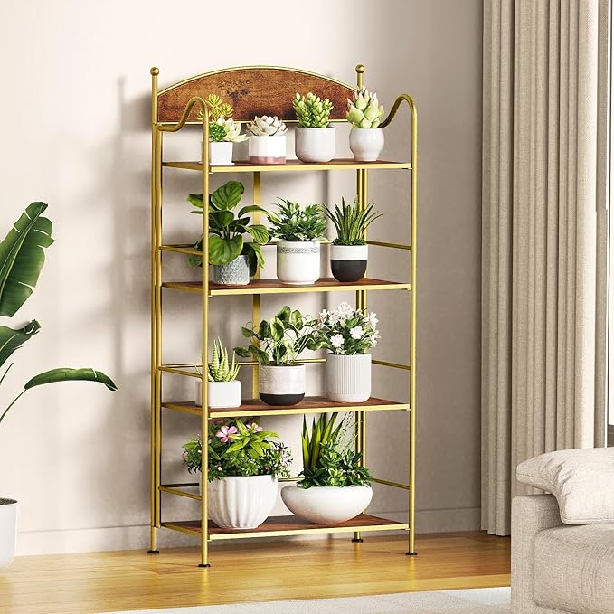 Folding Bookshelf No Assembly, 4 Shelf Gold Folding Bookcase with Sturdy Metal Frame, Vintage Open Standing Collapsible Shelves for Bedroom, Living Room, Home Office Organization - LeafyLoom