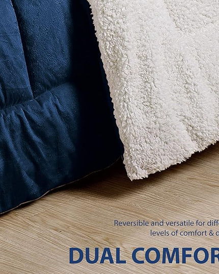 Cathay Home King Comforter Set: Ultra Soft and Plush Reversible Micromink and Sherpa 3-Piece Bedding Set, Navy, King (102" x 90") - LeafyLoom