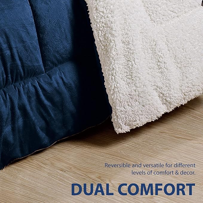Cathay Home King Comforter Set: Ultra Soft and Plush Reversible Micromink and Sherpa 3-Piece Bedding Set, Navy, King (102" x 90") - LeafyLoom