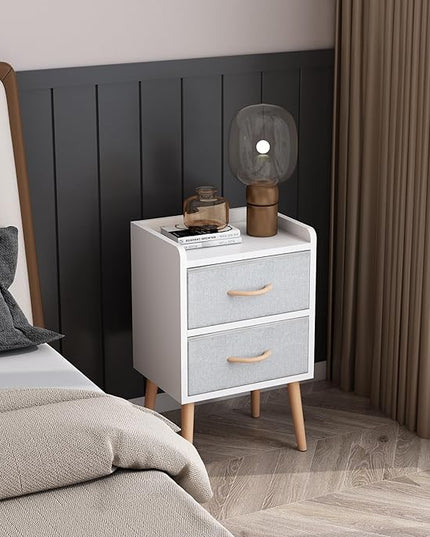 LUCKNOCK NightStand with 2 Fabric Drawers, Bedside Table with Solid Wood Legs, Minimalist and Practical End Side Table for Bedroom, White. - LeafyLoom