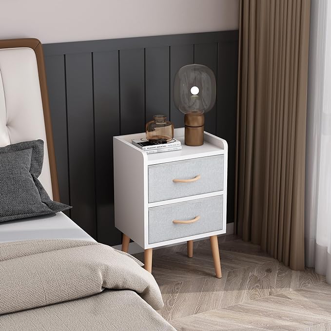 LUCKNOCK NightStand with 2 Fabric Drawers, Bedside Table with Solid Wood Legs, Minimalist and Practical End Side Table for Bedroom, White. - LeafyLoom
