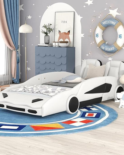 Twin Size Boys Car Bed,Race Car-Shaped Platform Wooden Bedframe with Wheels & Both Sides,Slat Support,Toy Furniture for Kids Toddlers Child's Bedroom,White - LeafyLoom