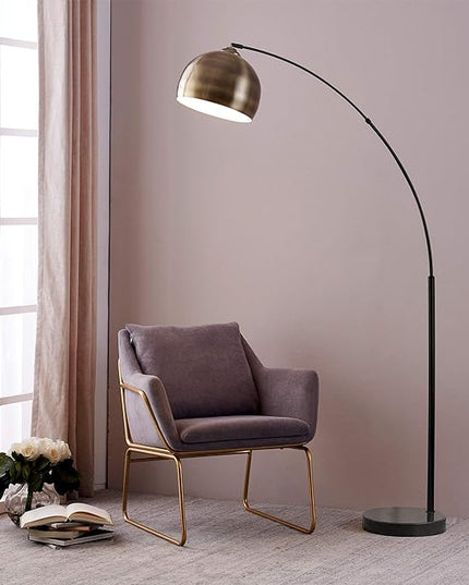 Teamson Home Arquer 68.1" Arc Floor Lamp for Living Rooms, Home Offices, Dining Rooms, Bedrooms with Faux Black Marble Base and Antique Brass Bell Shade - LeafyLoom