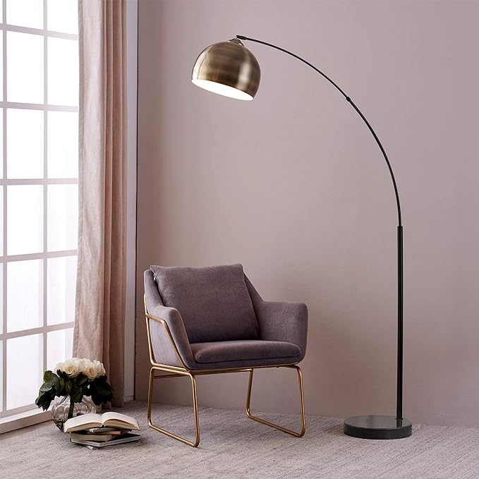 Teamson Home Arquer 68.1" Arc Floor Lamp for Living Rooms, Home Offices, Dining Rooms, Bedrooms with Faux Black Marble Base and Antique Brass Bell Shade - LeafyLoom