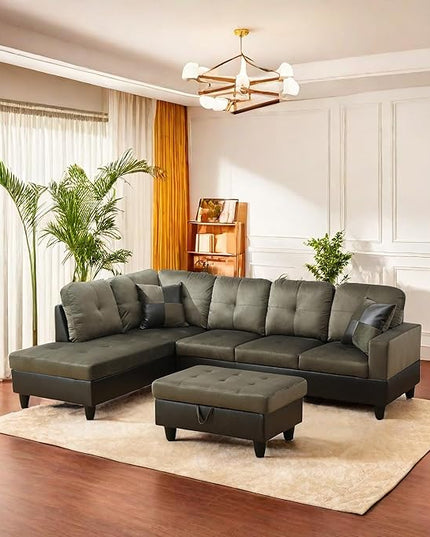 L Shaped Sofa with Ottoman Modern Sectional Living Room, Bedroom, Office, L Couch Taupe - LeafyLoom