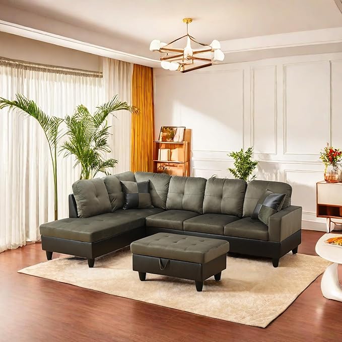L Shaped Sofa with Ottoman Modern Sectional Living Room, Bedroom, Office, L Couch Taupe - LeafyLoom