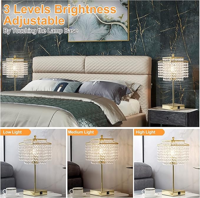 Luvkczc USB Bedside Crystal Table Lamp Gold, Touch Control Lamp, 3-Way Dimmable with Shade for Bedroom, Living Room, 6W LED Bulb Included - LeafyLoom