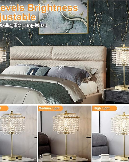 Luvkczc Set of 2 USB Bedside Crystal Table Lamp Gold, Touch Control, 3-Way Dimmable Lamp with Crystal Shade for Bedroom, Living Room, 6W LED Bulb Included - LeafyLoom