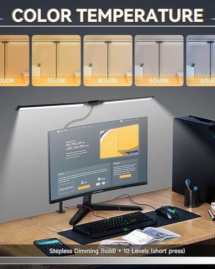 CANMEIJIA LED Desk Lamp for Home Office - Upgrade Dual Head Architect Task Lamps with Clamp & Adatper, 50 Lighting Modes Monitor Light Bar, Adjustable Gooseneck Desk Light for Work Drafting Study - LeafyLoom