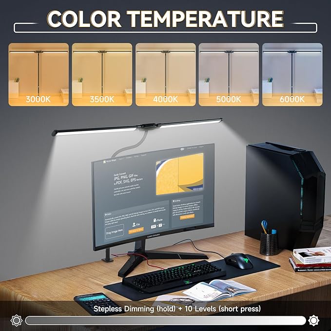 CANMEIJIA LED Desk Lamp for Home Office - Upgrade Dual Head Architect Task Lamps with Clamp & Adatper, 50 Lighting Modes Monitor Light Bar, Adjustable Gooseneck Desk Light for Work Drafting Study - LeafyLoom