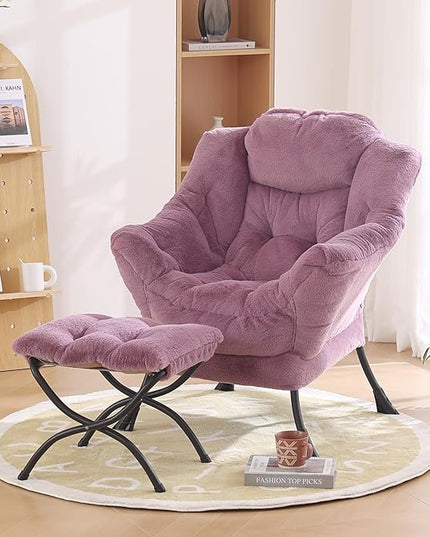 Oversized Chair with Ottoman, Modern Chair with Folding Footrest, Lounge Accent Chair, Comfortable Reading Chair for Bedroom, Study, Living Room, Courtyard (Plush Purple) - LeafyLoom