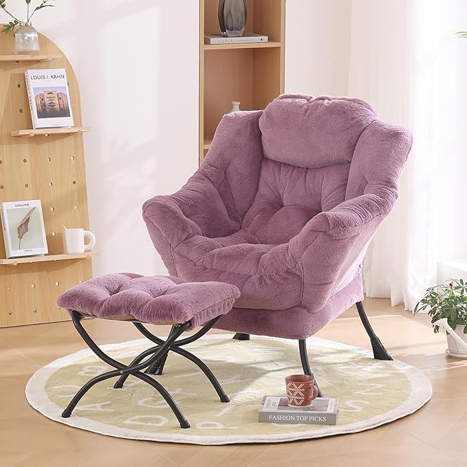 Oversized Chair with Ottoman, Modern Chair with Folding Footrest, Lounge Accent Chair, Comfortable Reading Chair for Bedroom, Study, Living Room, Courtyard (Plush Purple) - LeafyLoom