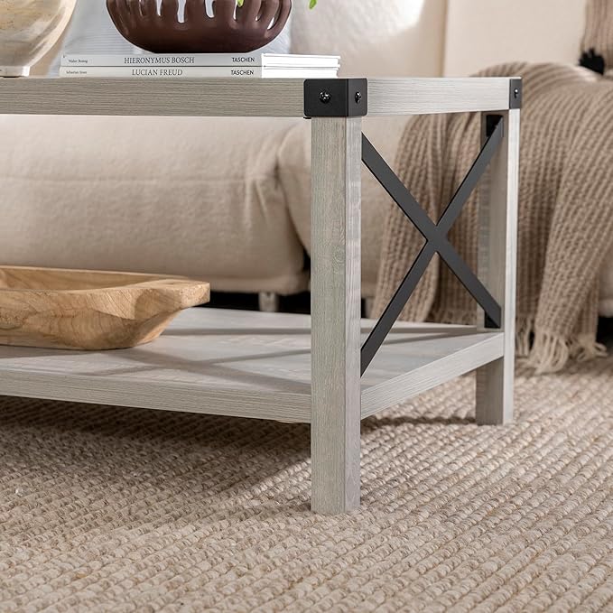 Walker Edison Sedalia Modern Farmhouse Metal X Coffee Table, 40 Inch, Stone Grey - LeafyLoom