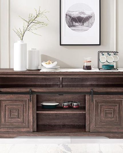 Zanzio 66" Farmhouse TV Stand for up to 75 inch TVs, Rustic Entertainment Center Media Console Table with Sliding Barn Doors Living Room Bedroom Wooden TV Cabinet (Rustic Brown) - LeafyLoom