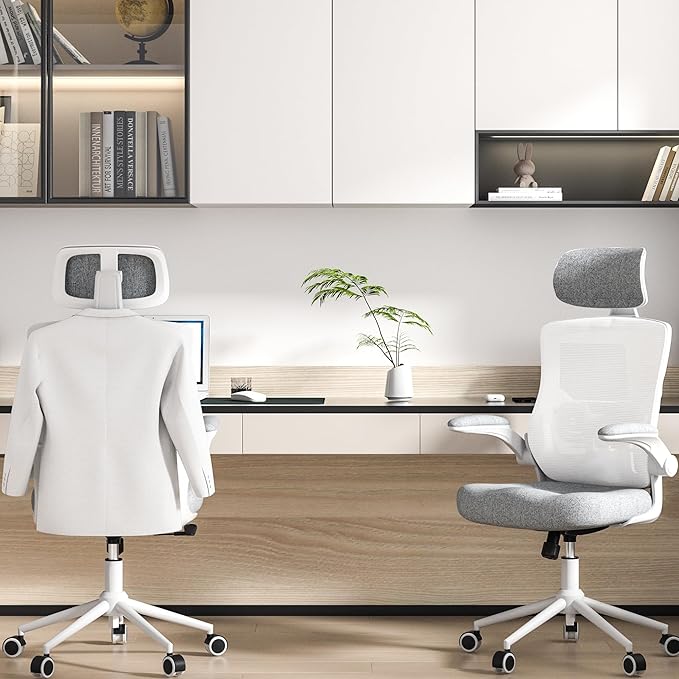 Ergonomic Office Chair, High Back Mesh Desk Chair with Thick Molded Foam Cushion, Coat Hanger, Adjustable Headrest, Lumbar Support, Tilt & Lock Function - Computer Chair (Light Grey) - LeafyLoom