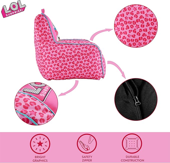 Idea Nuova LOL Surprise Kids Nylon Bean Bag Chair with Piping & Top Carry Handle, Large - LeafyLoom