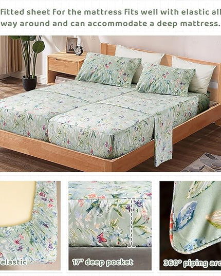 QSH 100% Cotton Sheets for Split King Size Bed, Pattern Botanical Luxury Cotton Printed Floral Bedding Sheets Soft and Breathable 5pcs Deep Pocket Queen Sheet Set - LeafyLoom