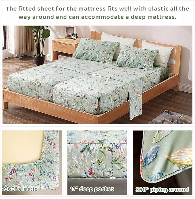 QSH 100% Cotton Sheets for Split King Size Bed, Pattern Botanical Luxury Cotton Printed Floral Bedding Sheets Soft and Breathable 5pcs Deep Pocket Queen Sheet Set - LeafyLoom