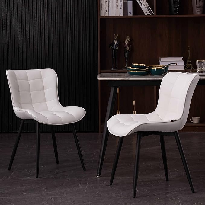 YOUTASTE White Dining Chairs Set of 2 PU Leather Upholstered Modern Armless Dining Room Chair with Back Metal Legs Kitchen Dinner Accent Guest Chairs for Vanity Reception Waiting Room - LeafyLoom