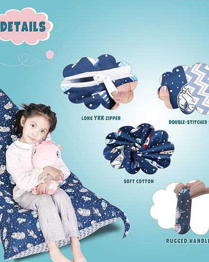 Stuffed Animal Storage Bean Bag Chair Cover, Cotton Blue Universe Plush Toy Storage Stuff and Sit Seat for Kids/Teens/Adults, 52" x 31" Extra Large Triangle Floor Sofa, 200L/52Gal, Cover Only - LeafyLoom