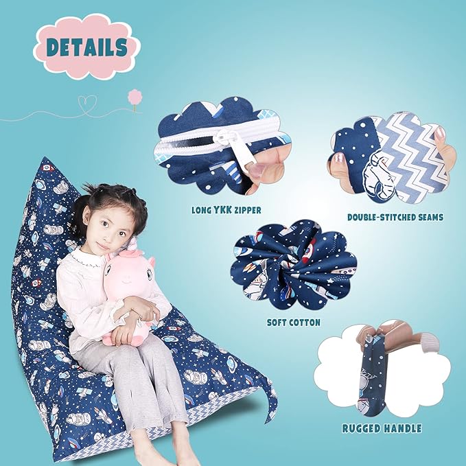 Stuffed Animal Storage Bean Bag Chair Cover, Cotton Blue Universe Plush Toy Storage Stuff and Sit Seat for Kids/Teens/Adults, 52" x 31" Extra Large Triangle Floor Sofa, 200L/52Gal, Cover Only - LeafyLoom