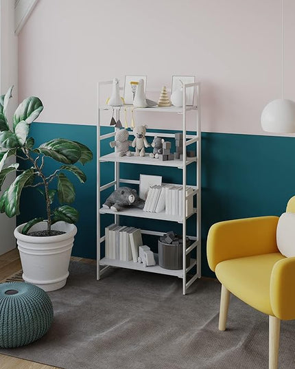 No-Assembly Folding Bookshelf Storage Shelves 4 Tiers Vintage Multifunctional Plant Flower Stand Storage Rack Shelves Bookcase for Home Office(All White) - LeafyLoom