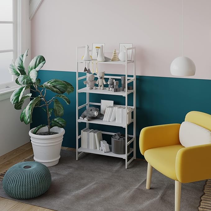 No-Assembly Folding Bookshelf Storage Shelves 4 Tiers Vintage Multifunctional Plant Flower Stand Storage Rack Shelves Bookcase for Home Office(All White) - LeafyLoom
