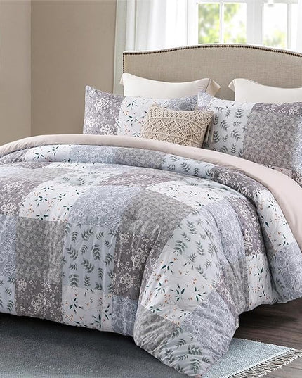 Whale Flotilla Queen Full Comforter Set, Soft Reversible Grey Bedding Comforter Set with Boho Pattern, 1 Micoriber Patchwork Comforter and 2 Pillow Shams, 3 Pieces - LeafyLoom
